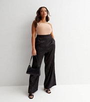 New Look Curves Black Check Satin Jacquard Wide Leg Trousers